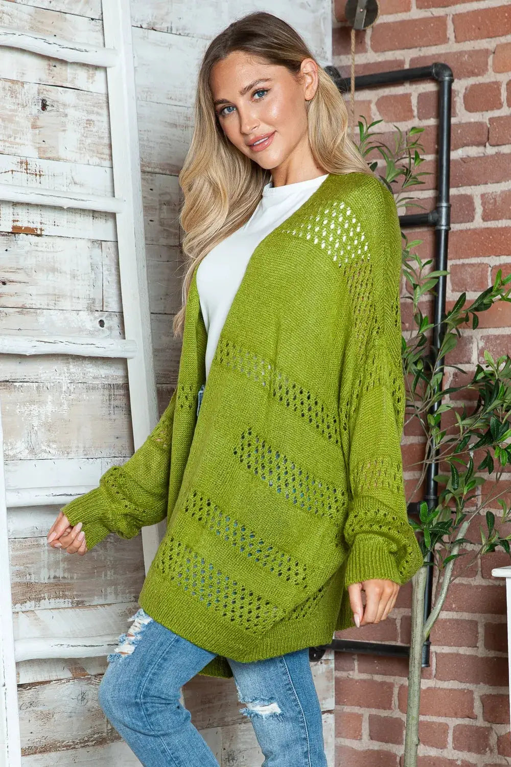 Openwork olive green acrylic cardigan by Trendsi, open front, long sleeves