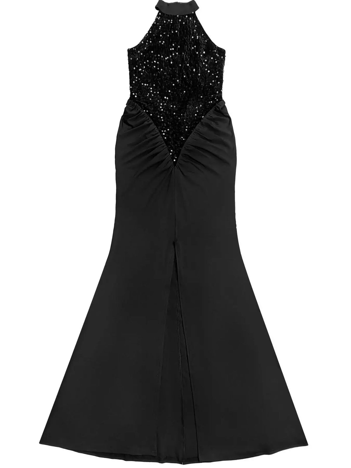 Sequin high-slit sleeveless black maxi dress with ruched waist