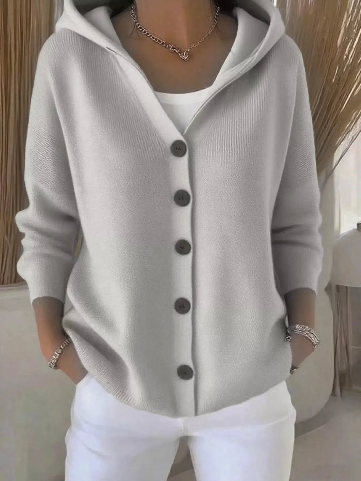 Plus Size hooded button-front soft knit cardigan for women in light gray, Trendsi
