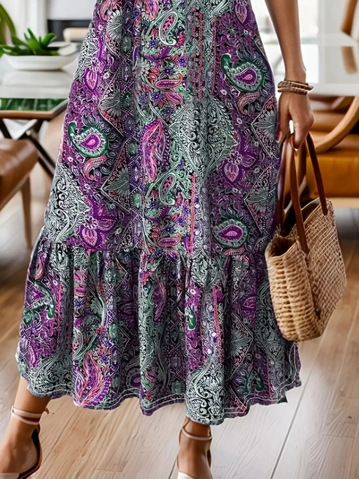 Bohemian paisley print midi dress with ruffle hem, plus size