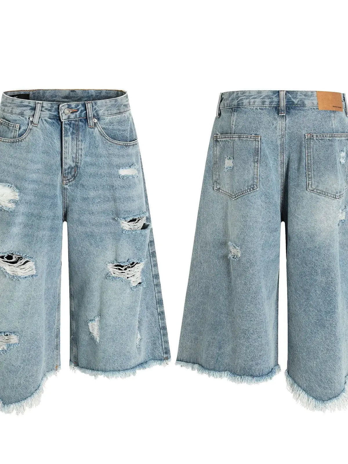 Mens oversized distressed denim shorts, light blue cotton blend, ripped knees and frayed hems — two pairs shown