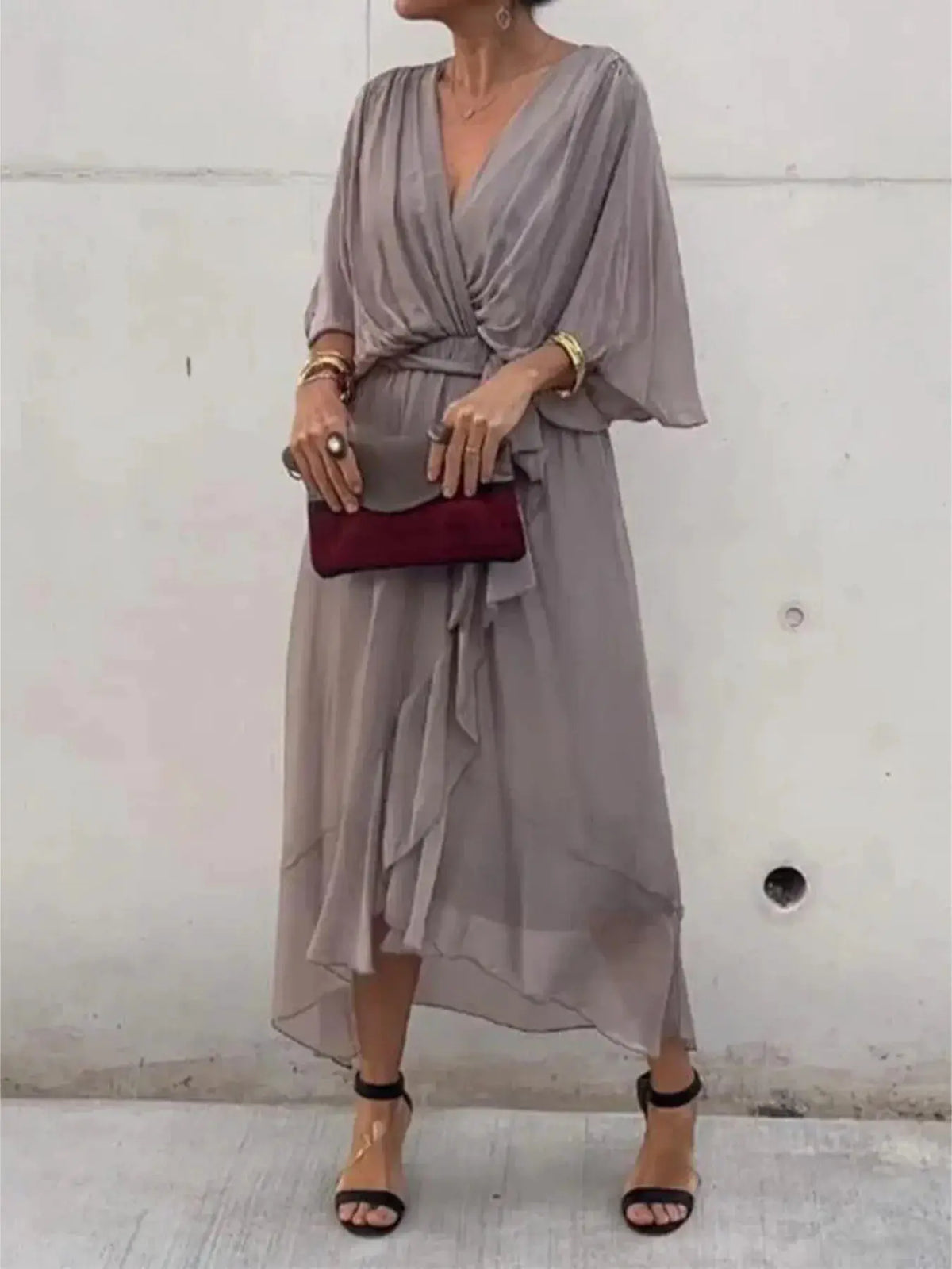 Full Size Flowy Tie Front Midi Dress with Flutter Sleeves in gray, plus size, Trendsi