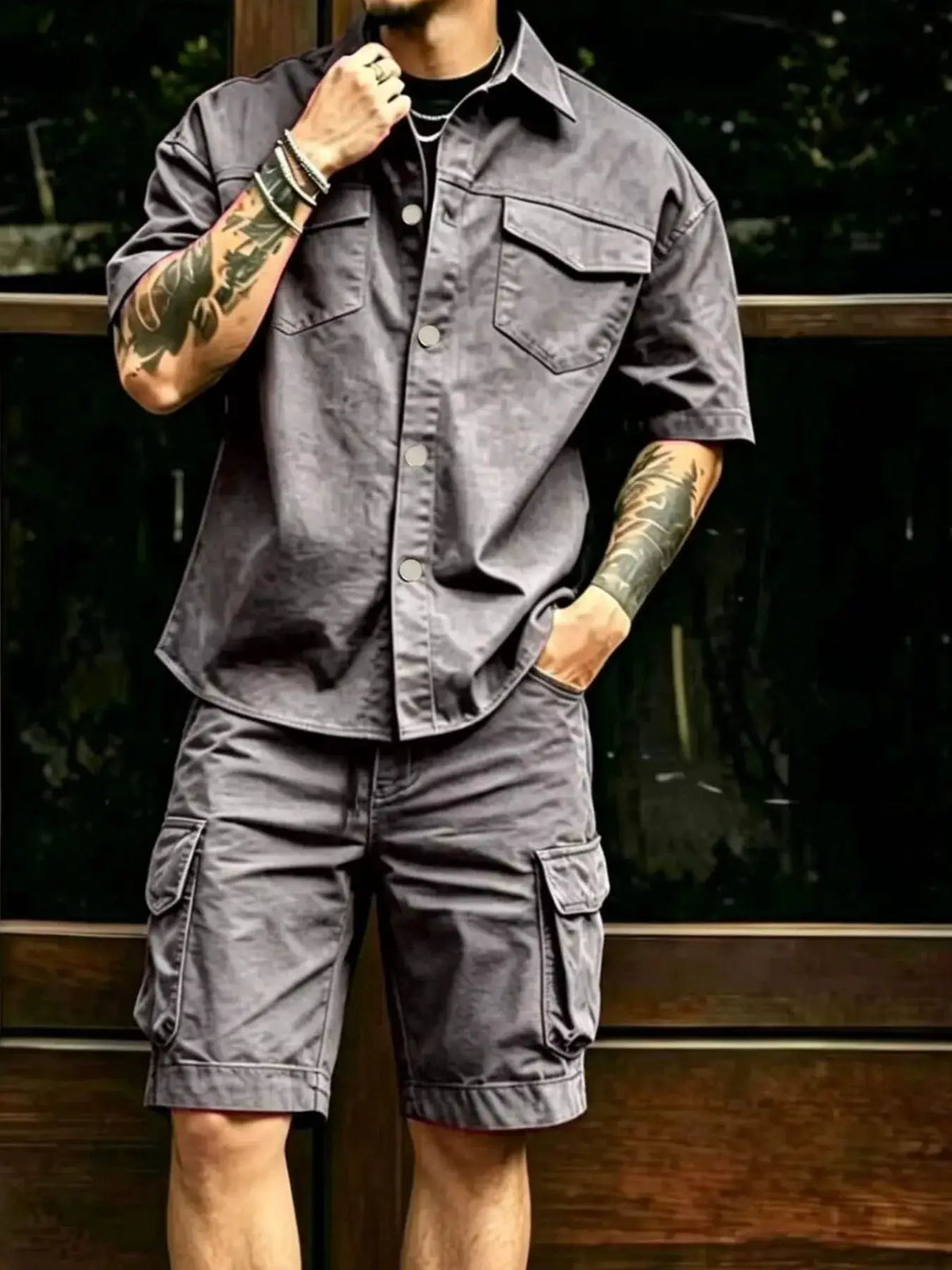 Men's plus-size cargo shirt and shorts set in gray with button-front closure and pockets.