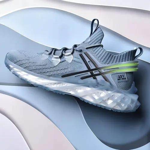 Men's running shoe breathable gray knit upper with white midsole and neon green heel accent.