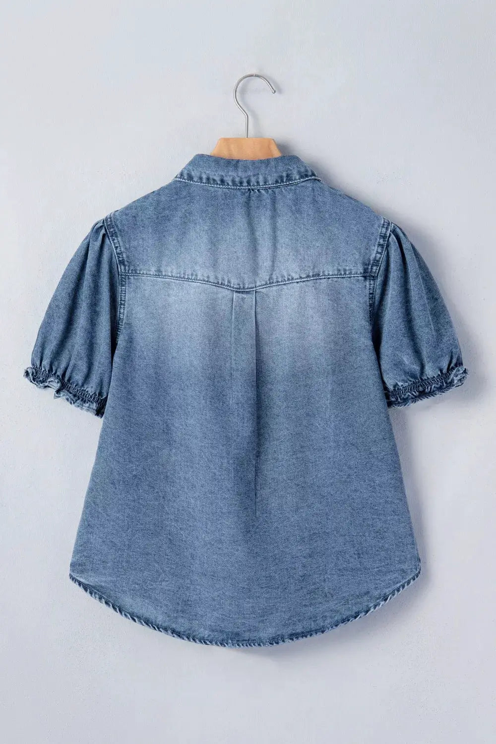 Girls Frilled Short Sleeve Snap Button Lightweight Denim Shirt on hanger, light blue denim, Trendsi