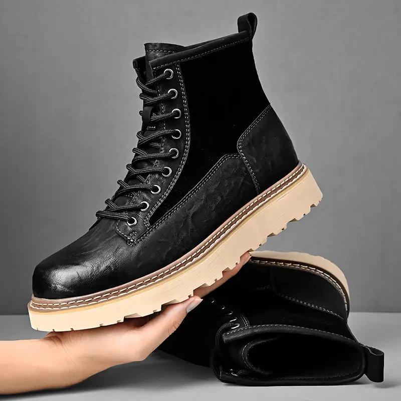 Trend British Style Premium Leather Heritage Work Boots, black leather upper with tan lug sole, two boots shown