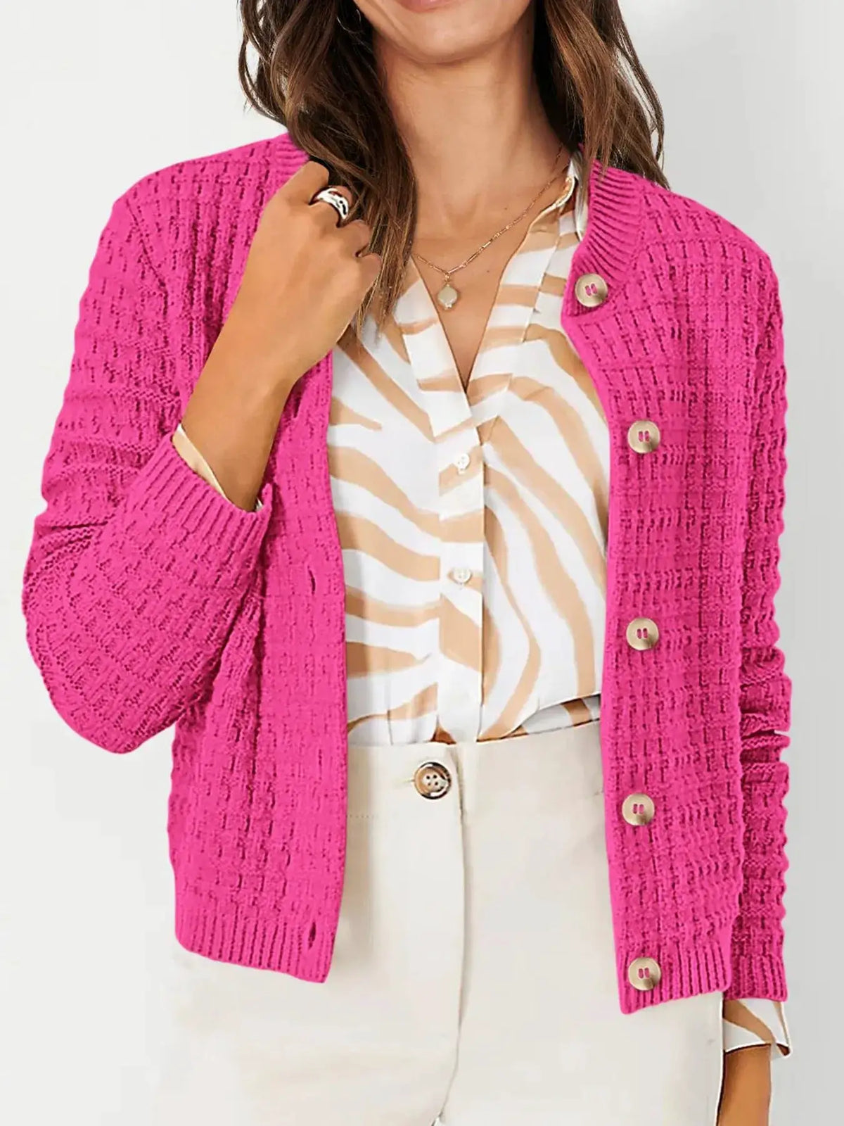 Textured stretchy knit cardigan in hot pink with beige button-front accents by Trendsi