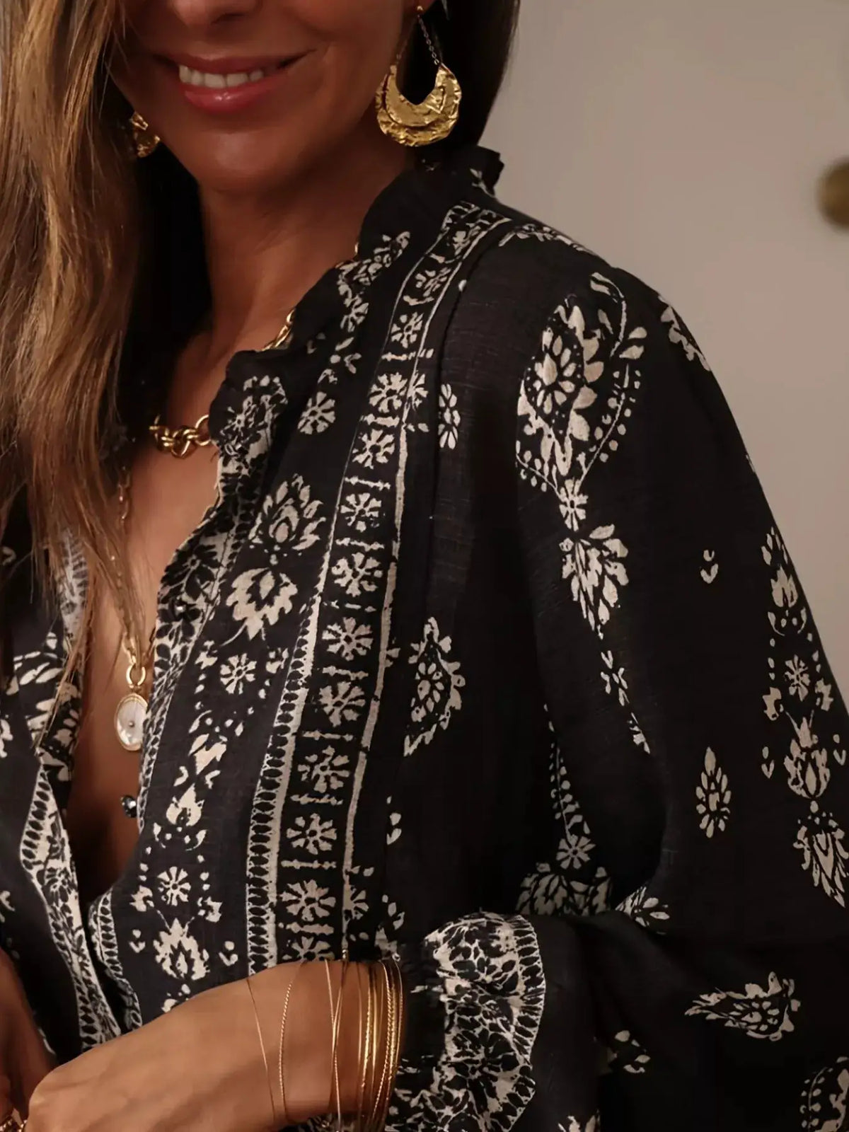 Vintage Print Long Sleeve Shirt with black and white floral pattern