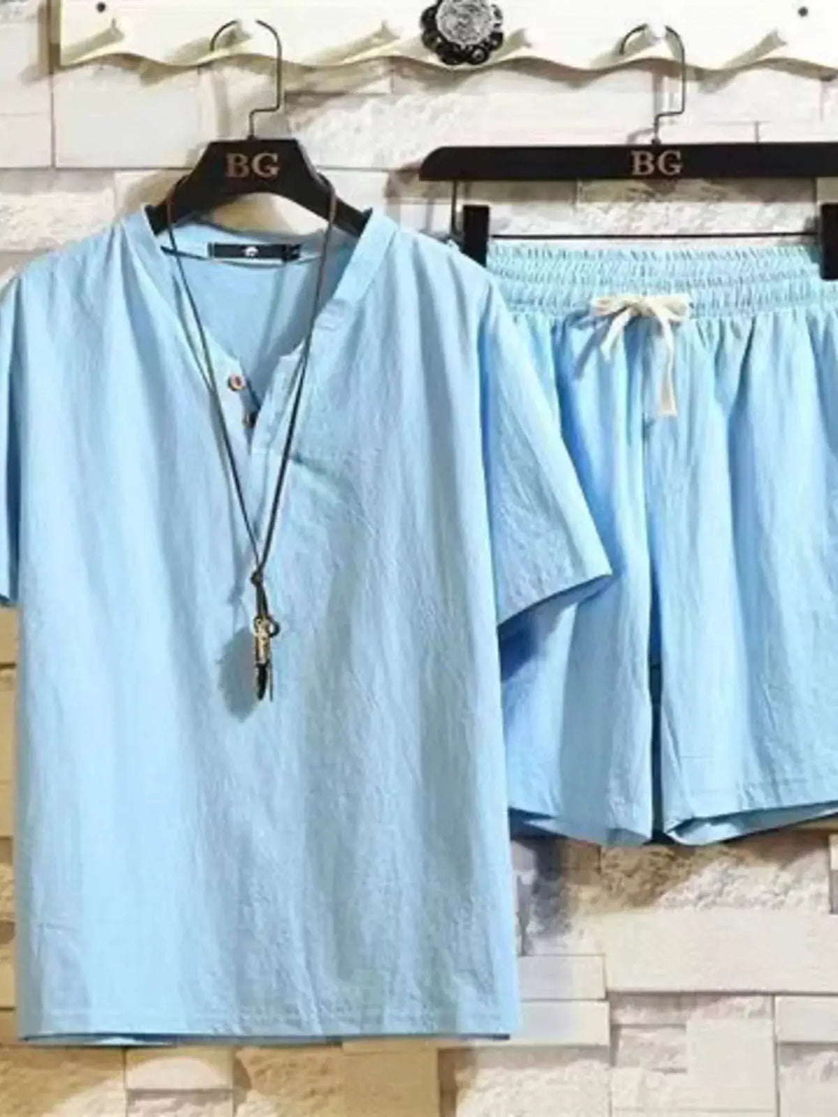 Men Plus Size Cotton Short Sleeve Top and Shorts Set in light blue by Trendsi