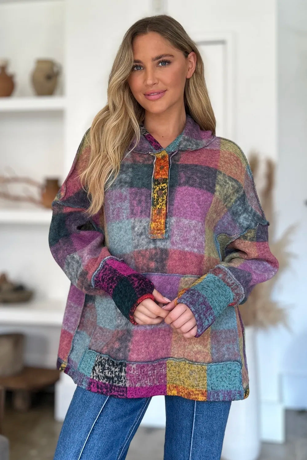 Trendsi Double Take plus-size plaid fleece hoodie with front placket, oversized dropped-shoulder in multicolor blocks.