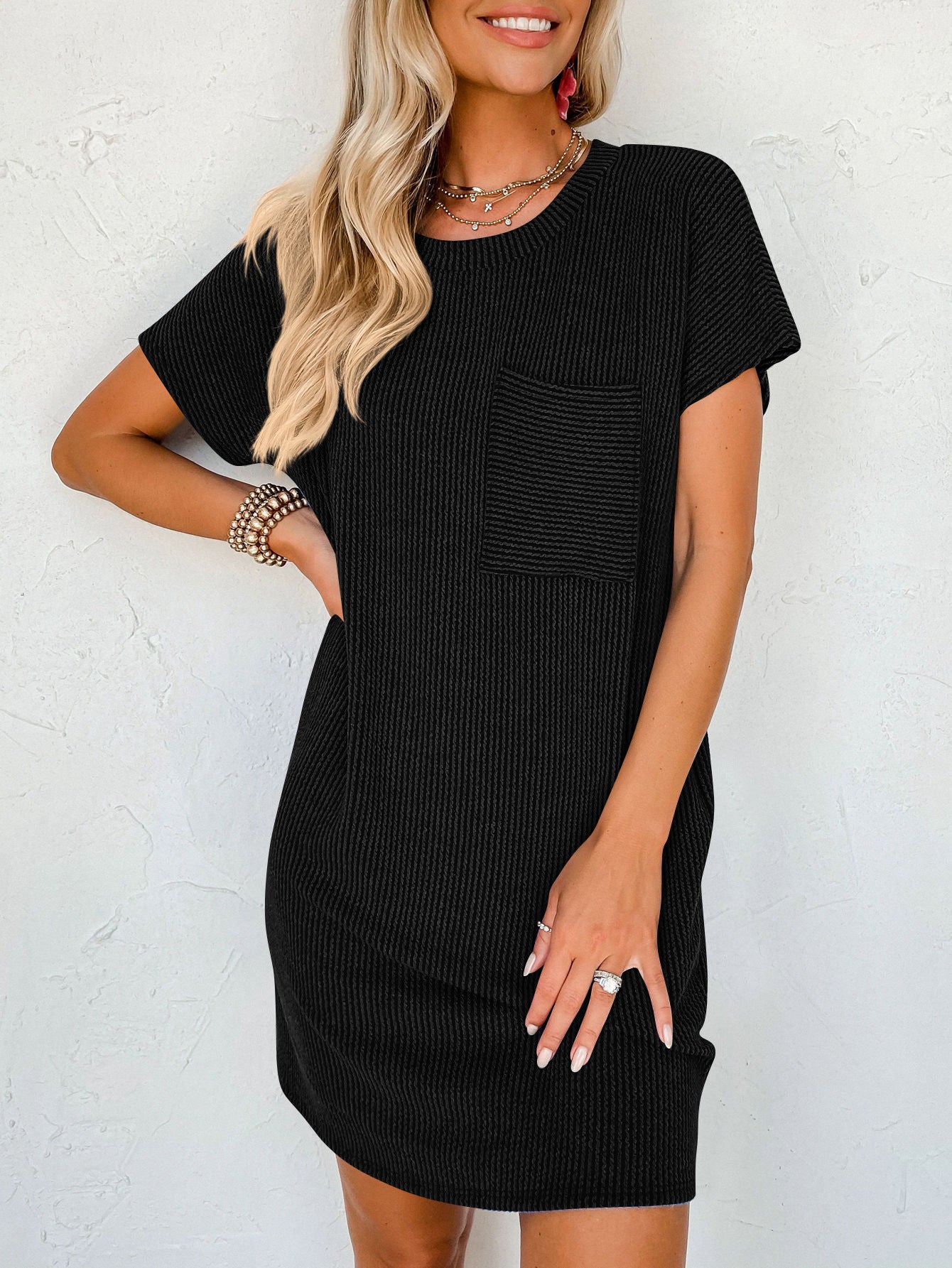 Vestido de Bolsillo de Manga Corta a Rayas para Mujer