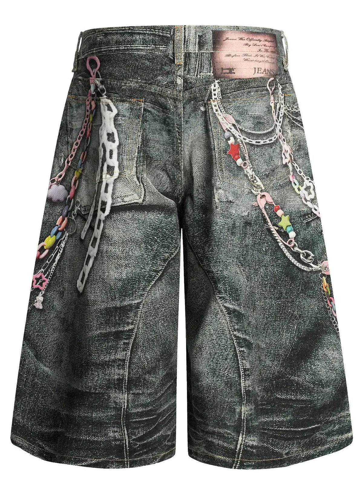 Men's wide-leg grey-washed denim shorts with chain detailing and colorful bead chains, cotton-spandex relaxed fit.