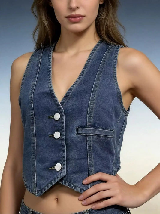 Trendsi unlined denim vest with button-down front in light wash; cropped sleeveless outerwear with white buttons.
