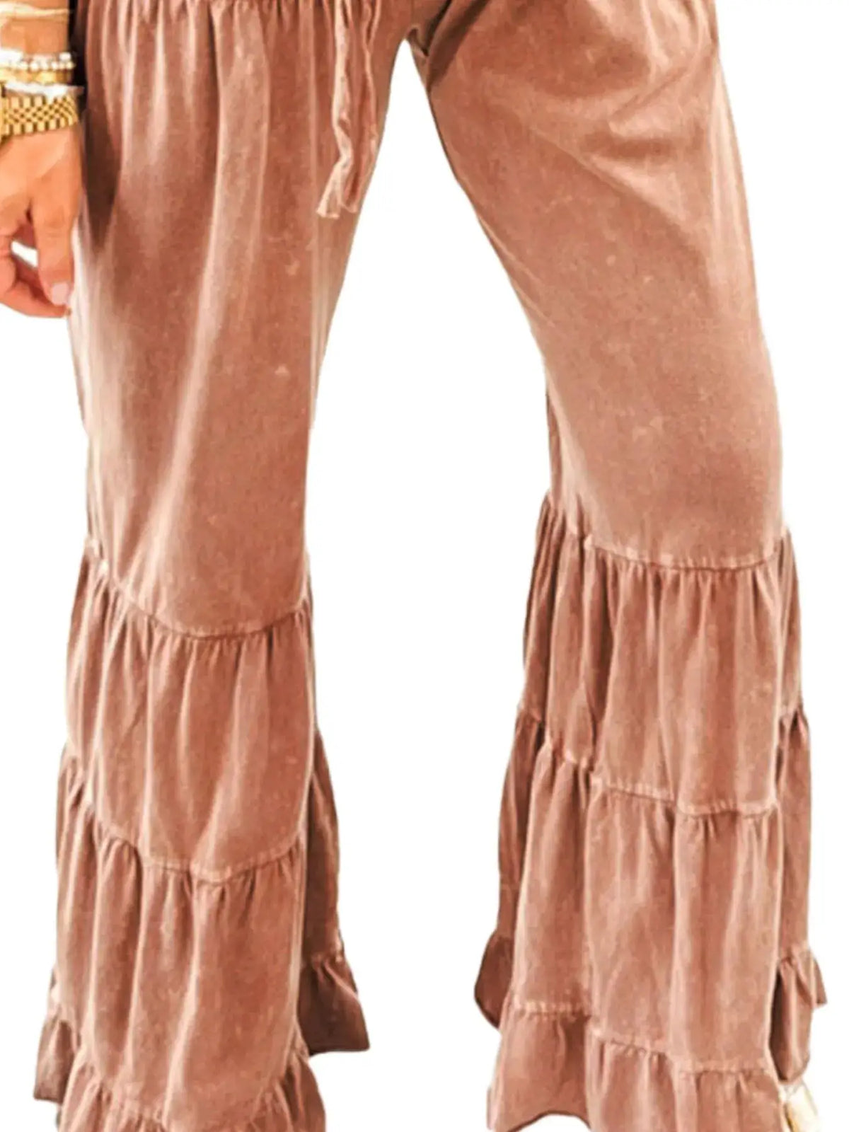 Drawstring flare Palazzo pants in copper-brown velvet with tiered ruffle hems