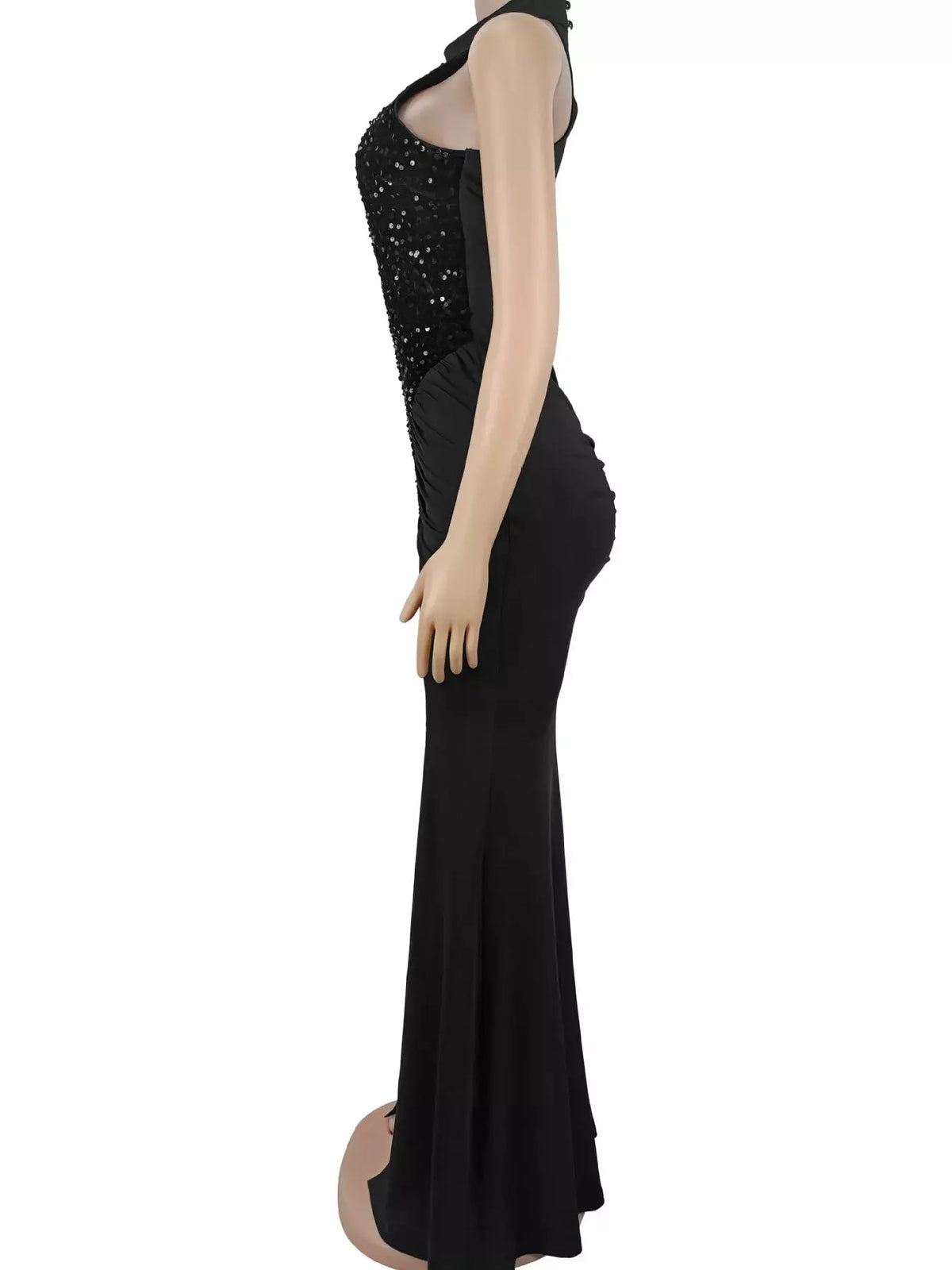 Sequin-embellished sleeveless black maxi dress with ruched side panels