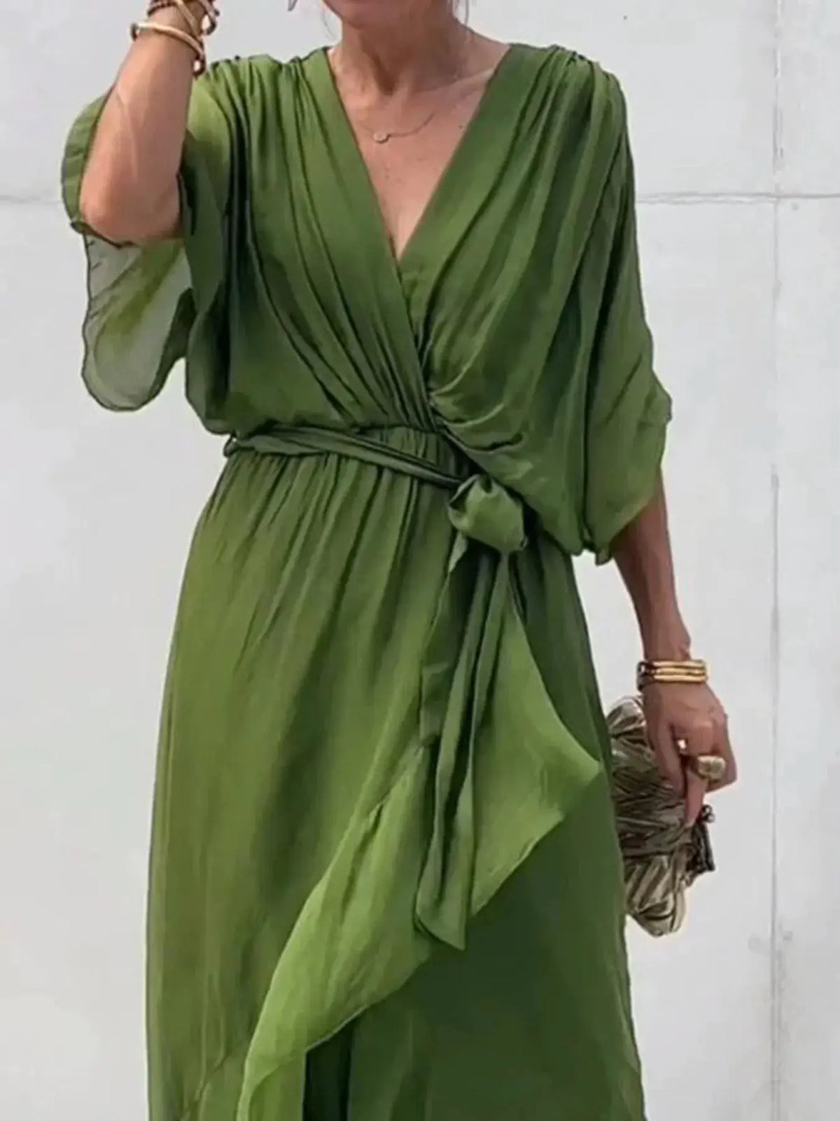 Full Size Flowy Tie Front Midi Dress with Flutter Sleeves in green, waist-tie wrap