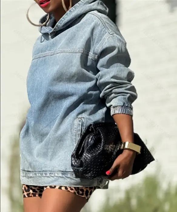 Vintage distressed denim hoodie, light blue, relaxed fit with drawstring hood