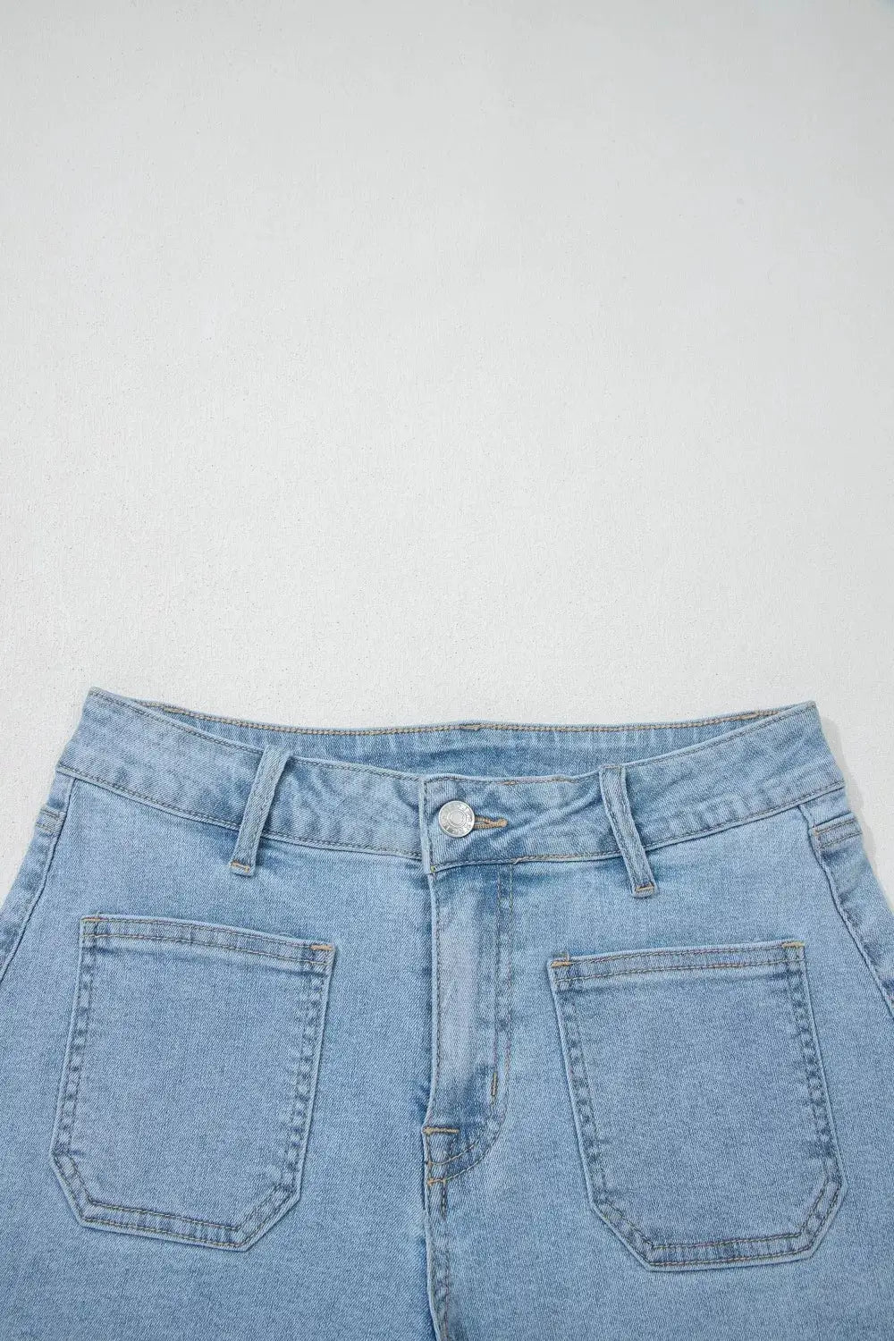 High Rise Patch Pocket Denim Shorts, light blue denim with two back patch pockets