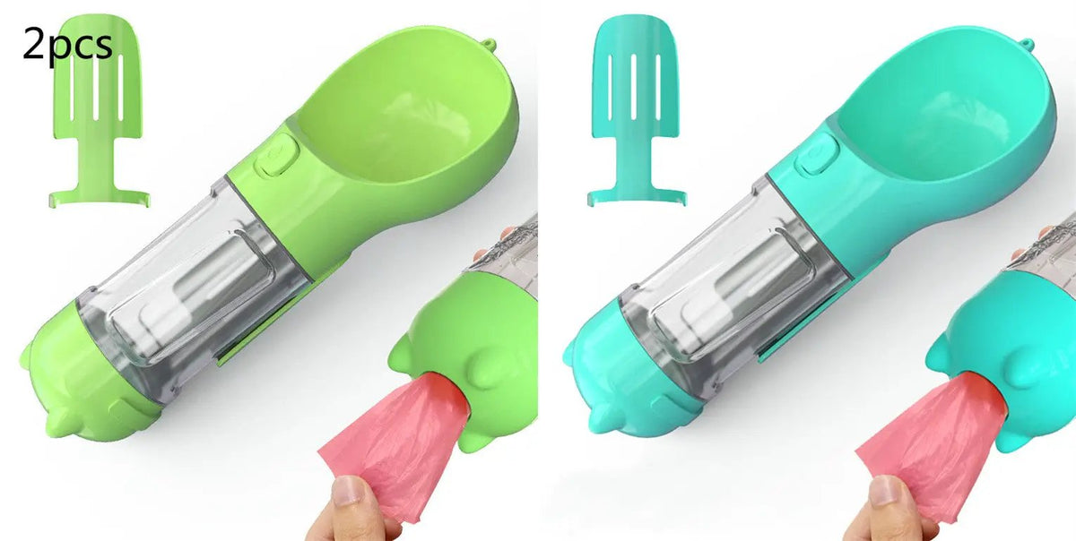 Pet 3-in-1 water bottle with feeder bowl and bag storage, AdTec, green/teal, 2-piece set