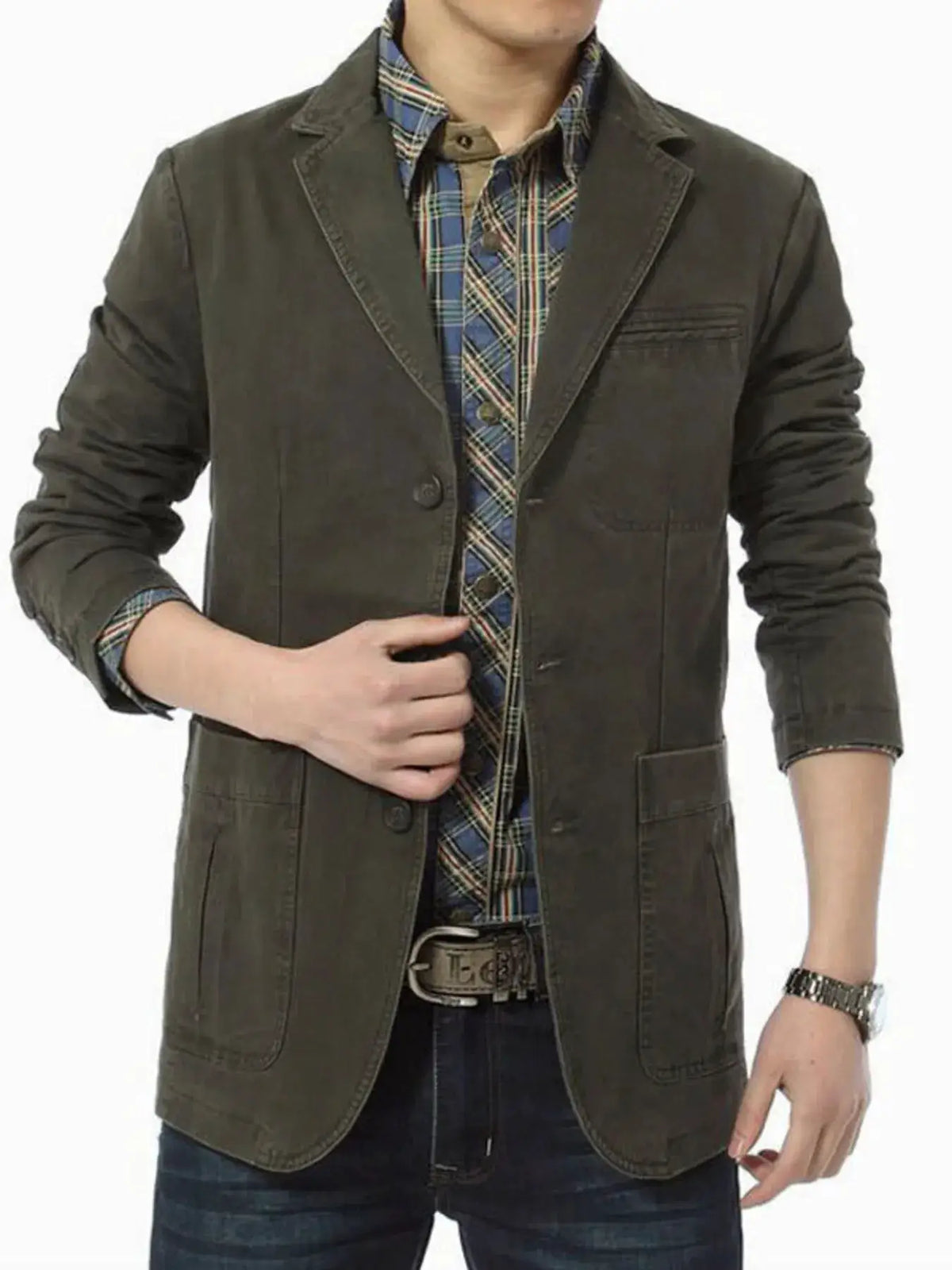 Men's plus-size blazer with lapel collar and button-front in olive green, worn over a blue plaid shirt