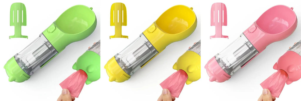 Pet water bottle feeder bowl by AdTec, 3-in-1 with bag storage in green, yellow and pink (set of 3)