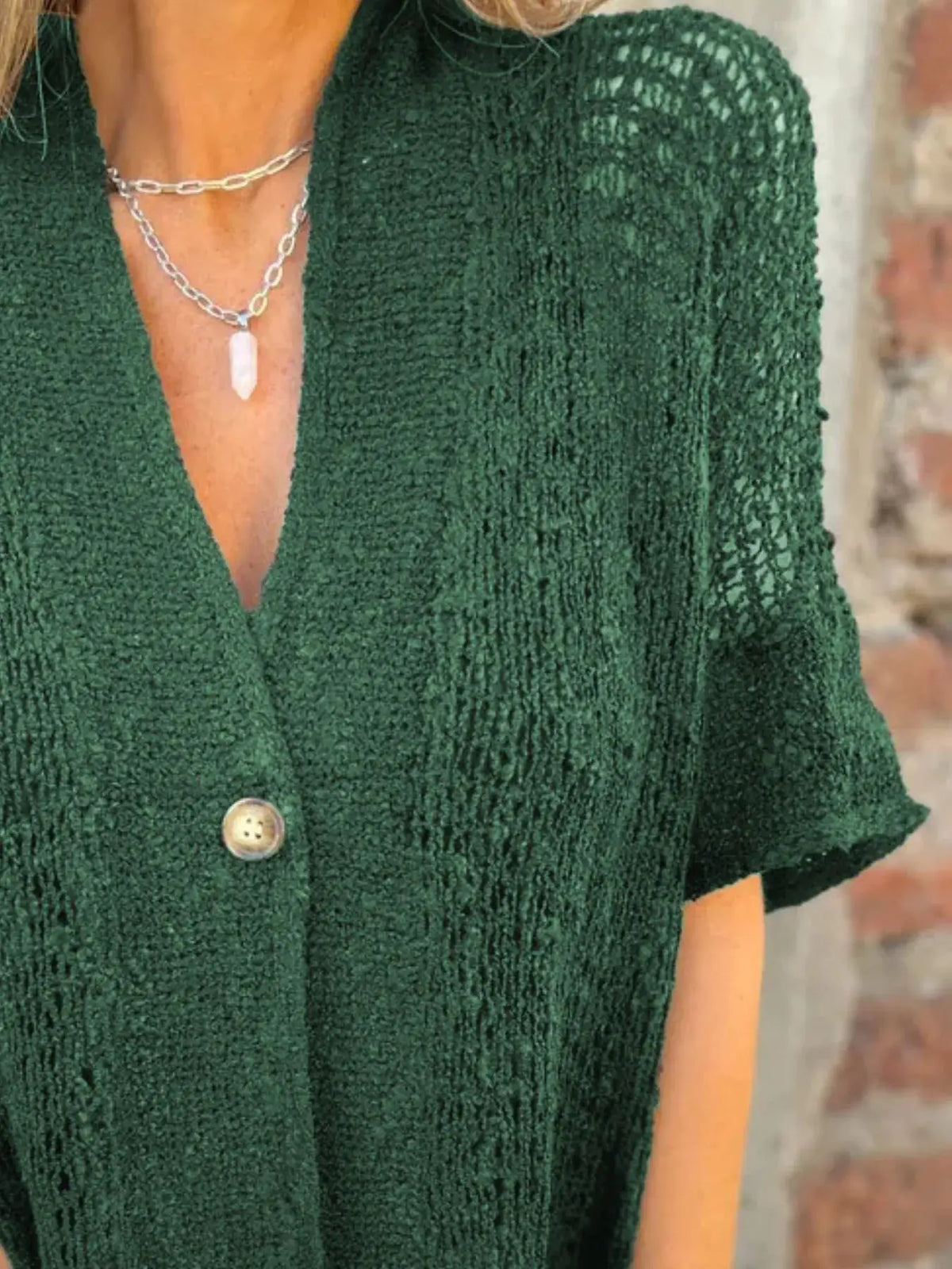 Plus-size one-button openwork green cardigan knit sweater by Trendsi
