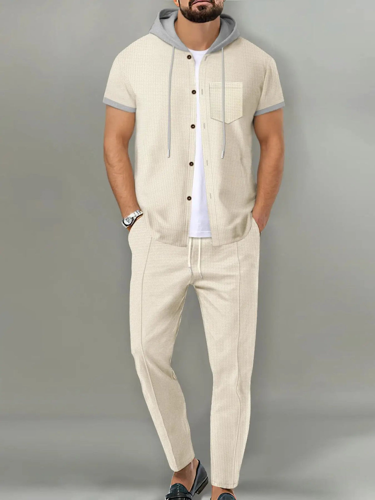Trendsi men's plus-size short-sleeve hooded top and pants set with pockets in beige textured fabric