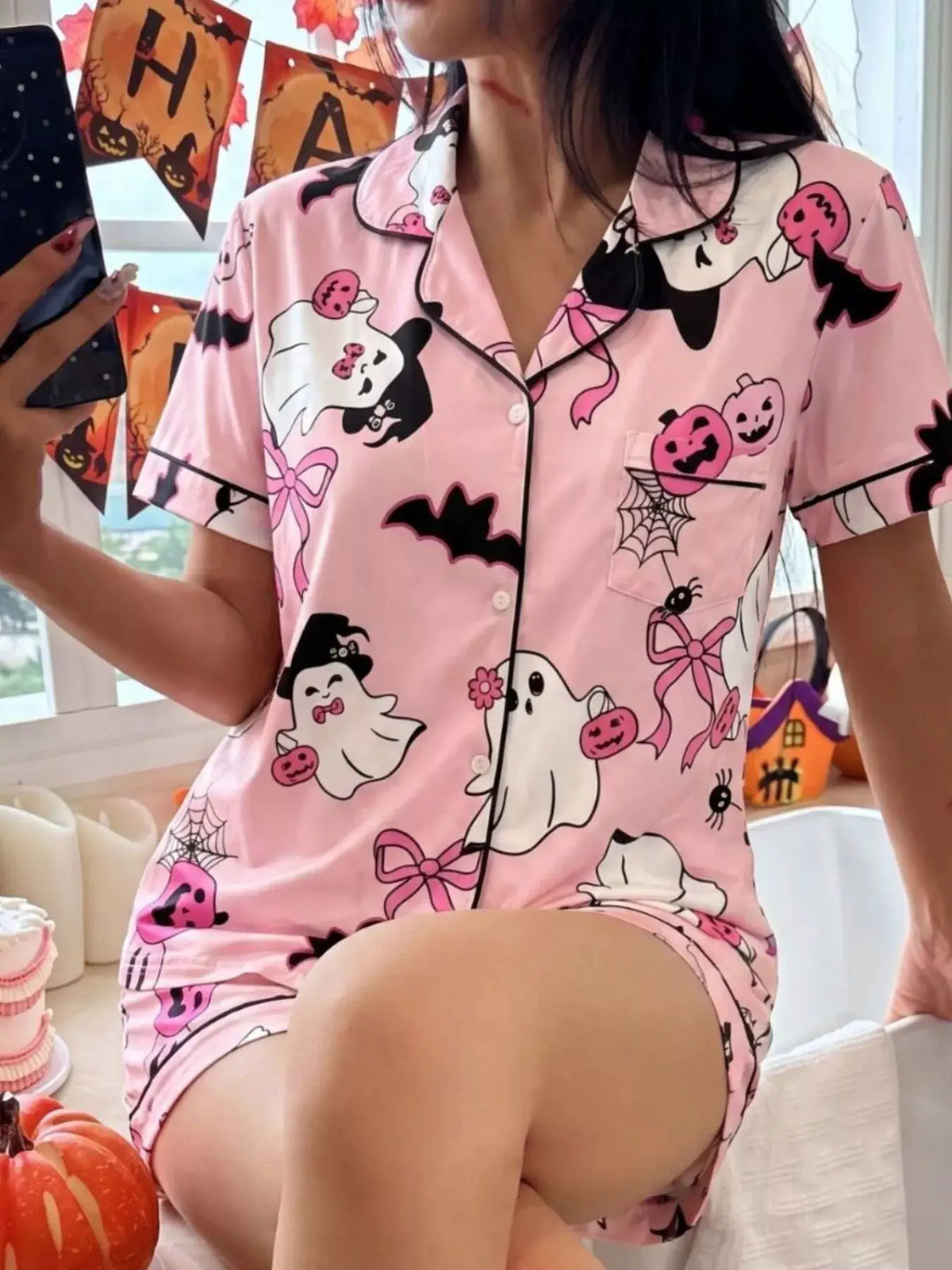 Halloween Ghost Print Button-Down Top and Shorts Lounge Set in pink with ghosts, pumpkins, and bats by Trendsi