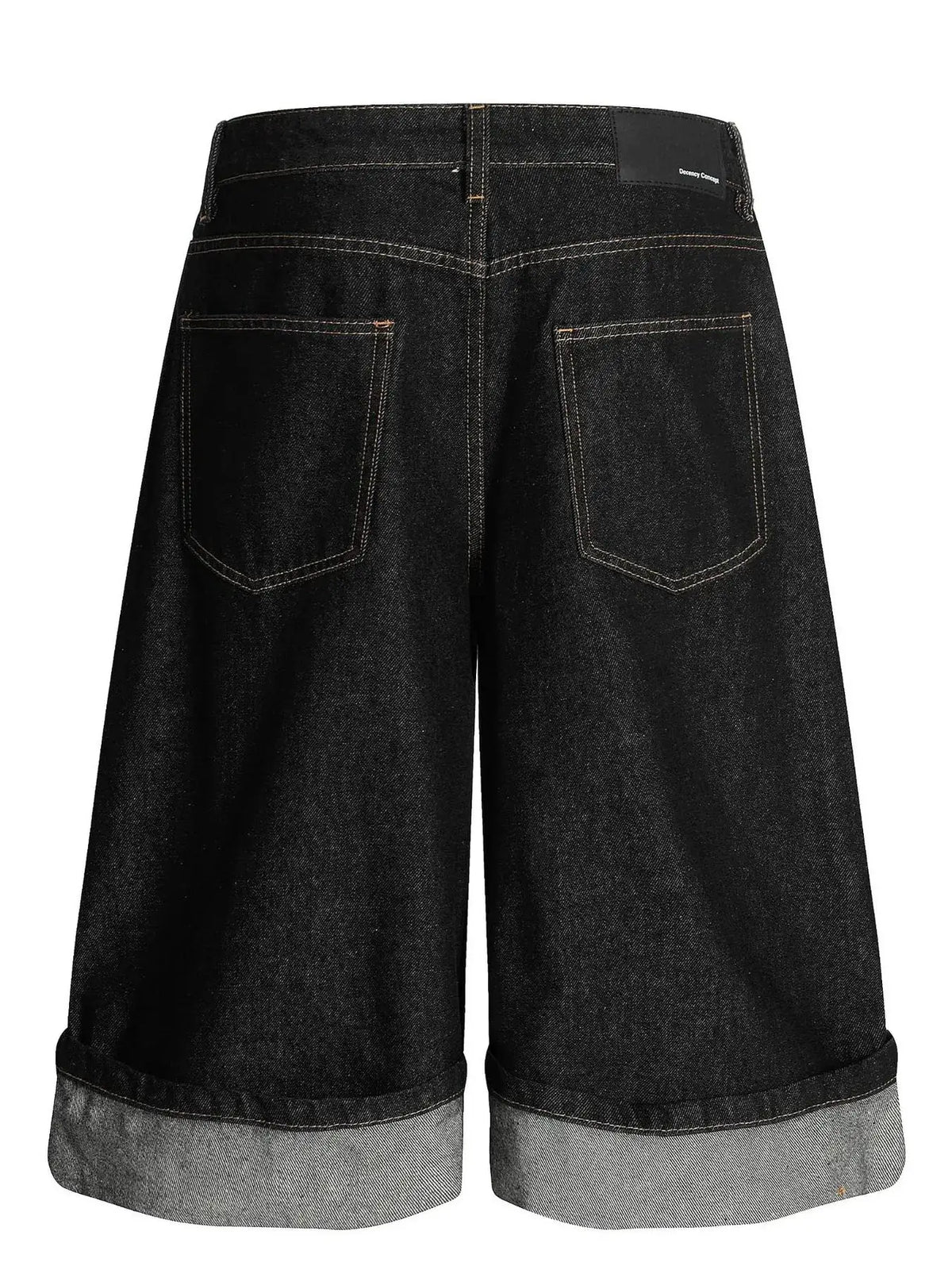 Men's relaxed baggy denim shorts with cuffed hem in black denim, back view with a Trendsi patch