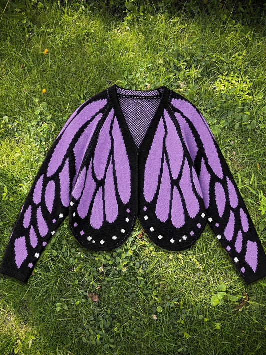 Women's butterfly knit cardigan sweater, long sleeves in purple and black, open-front, AdTec.