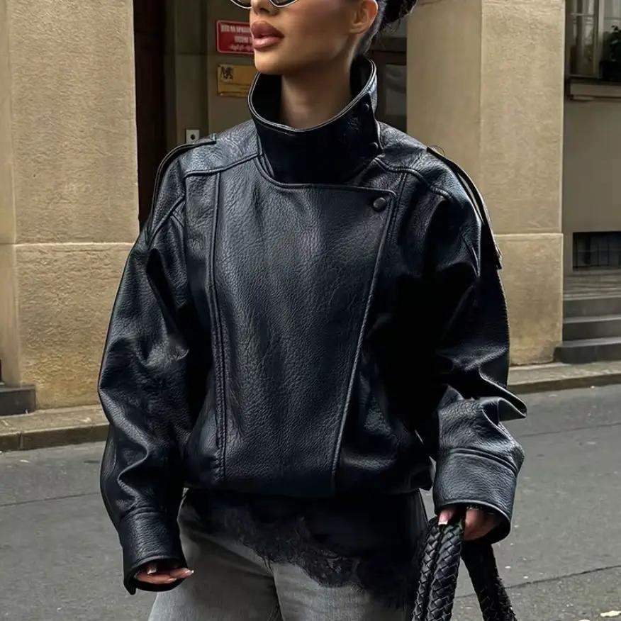 Women's stand-collar PU leather jacket, short-length, loose-fit, black