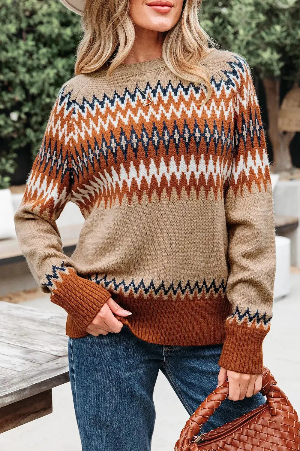 Geometric Pattern Long Sleeve Sweater in tan with rust and navy zigzag knit