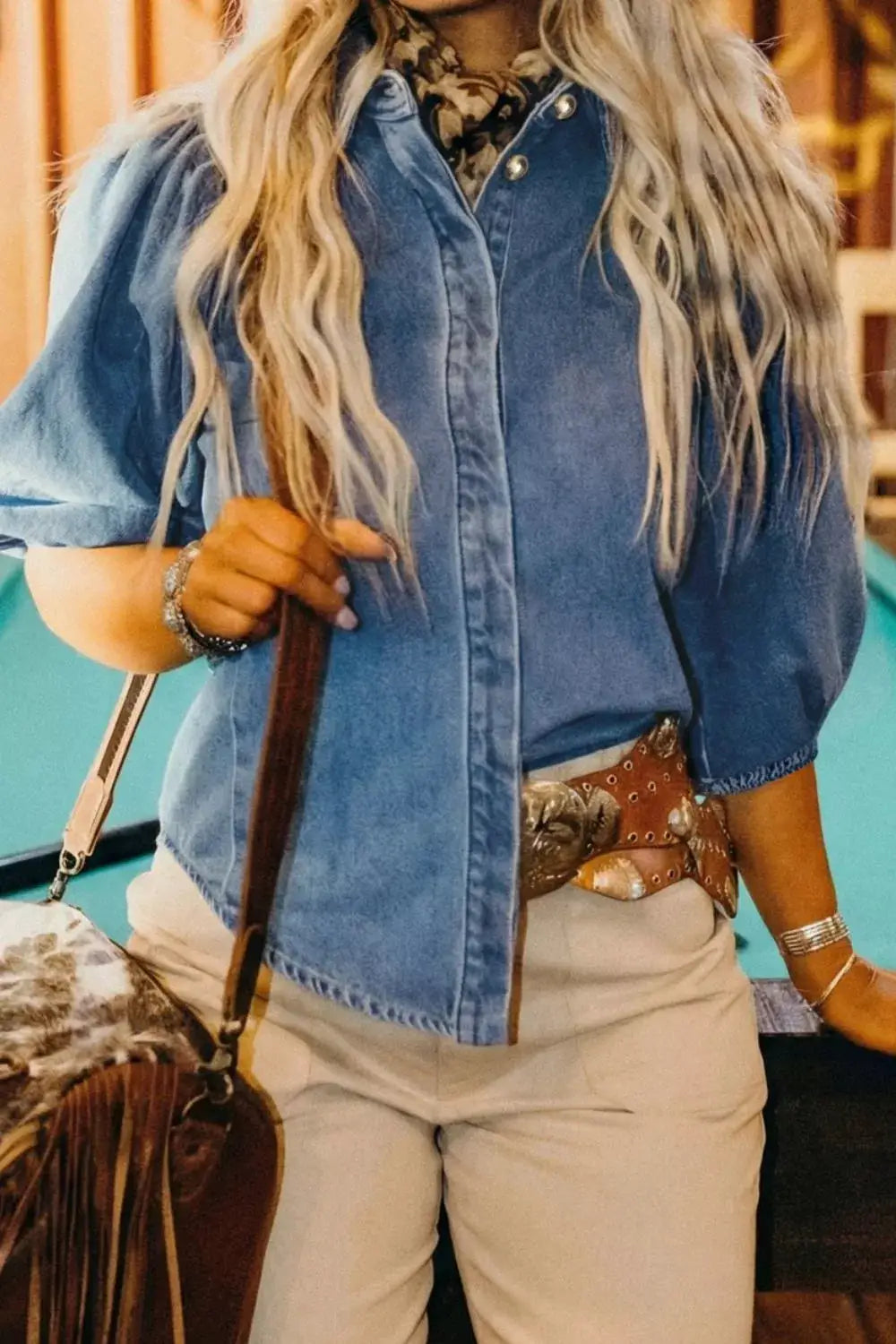 Structured-collar denim shirt with puff sleeves in blue by Trendsi, cotton-blend top