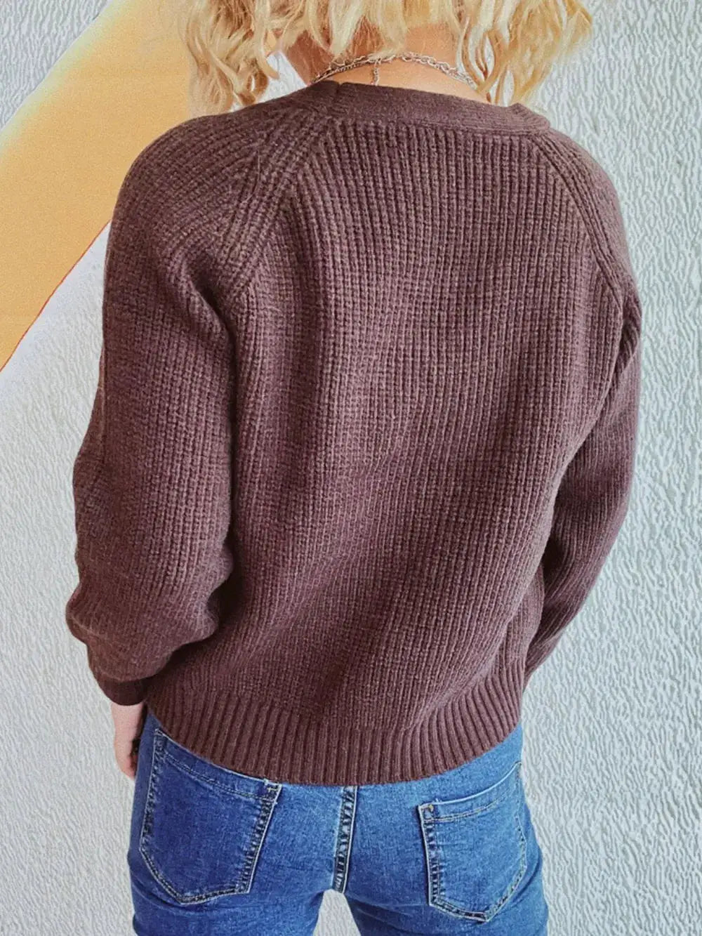Soft cable knit V-neck button-front cardigan in brown by Trendsi with long sleeves and ribbed hem