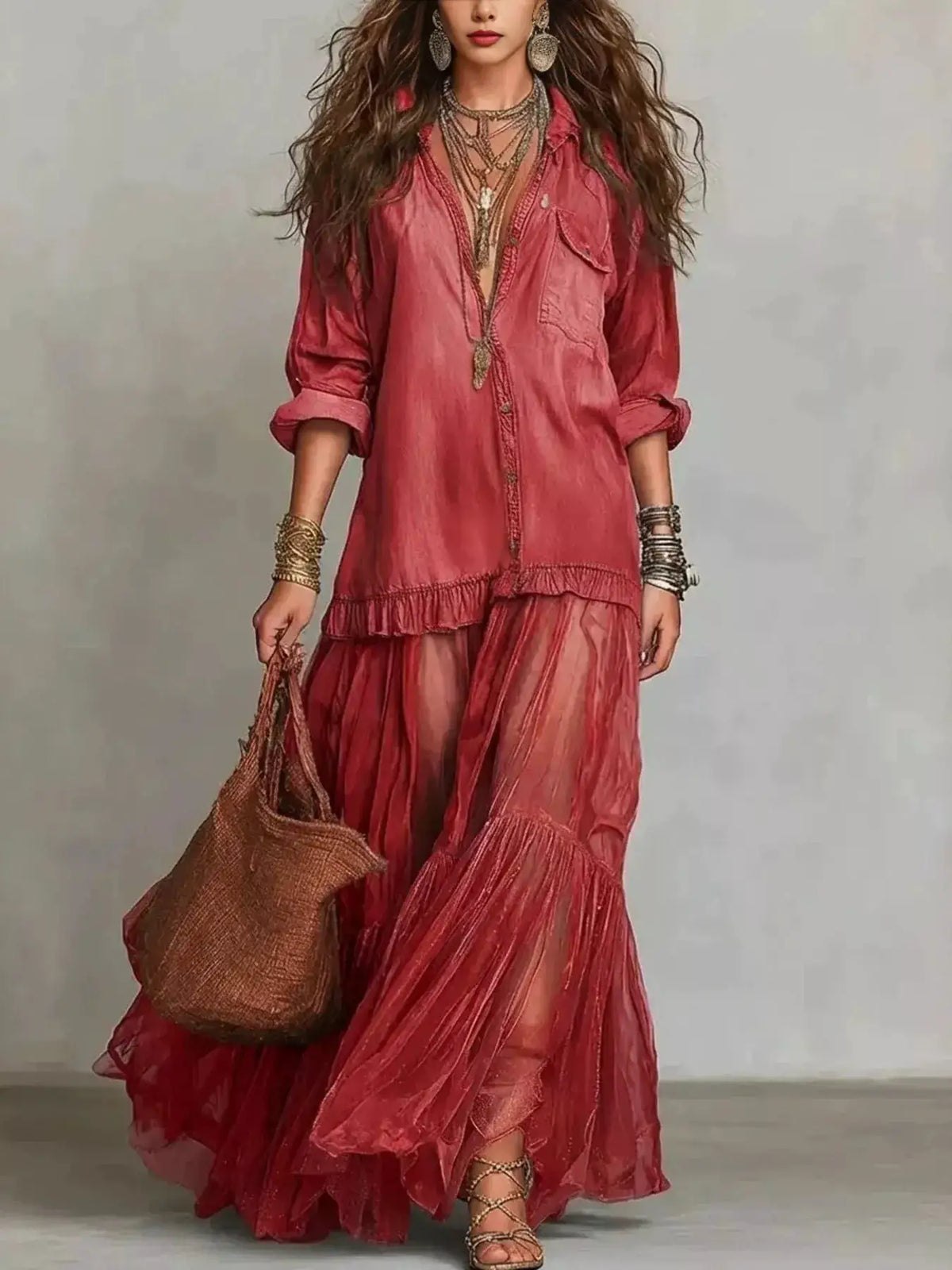 Plus-size red tiered maxi dress with long sleeves and sheer, layered skirt