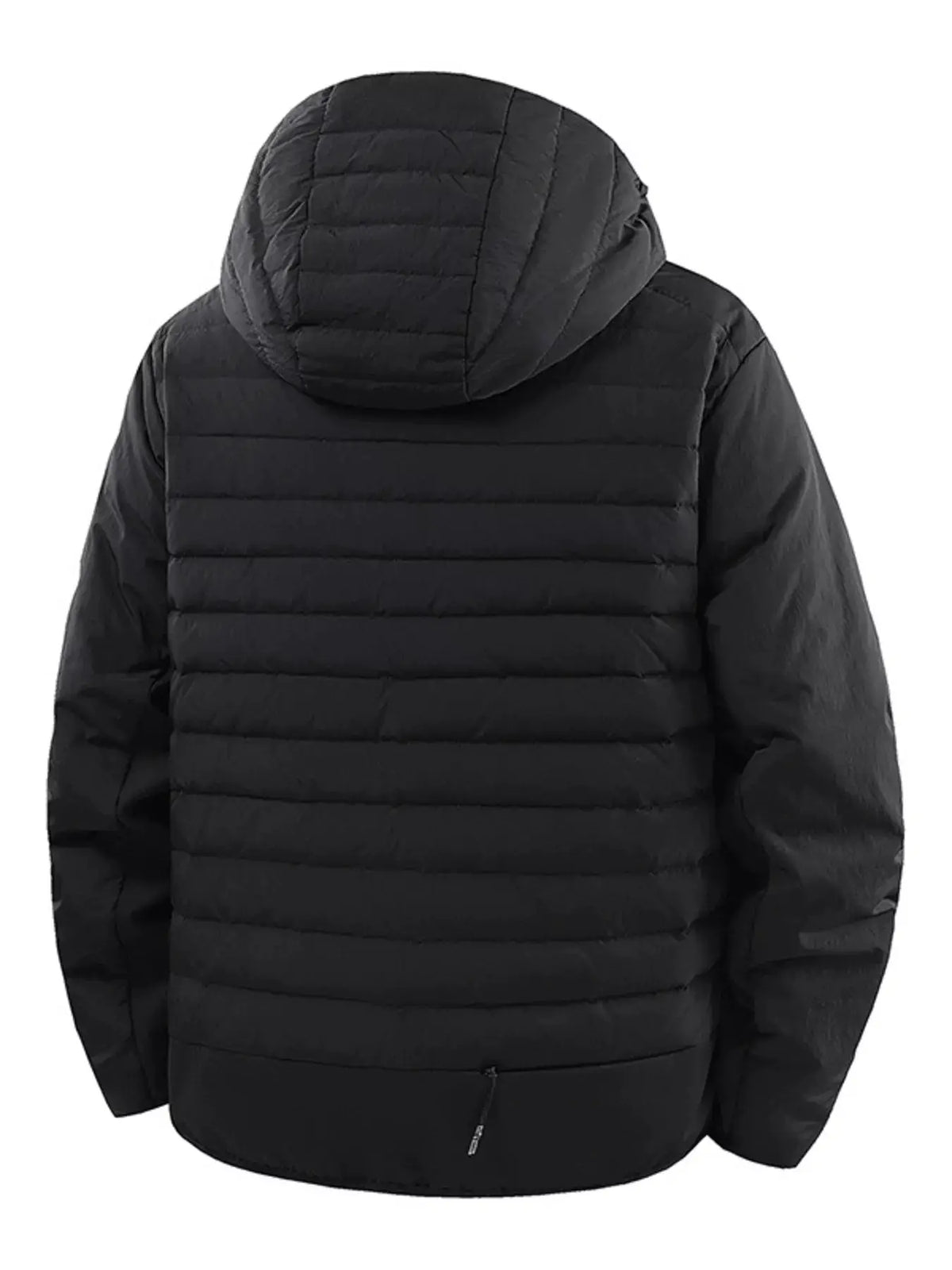 Men's Plus Size Lightweight Hooded Puffer Jacket in black, back view with horizontal quilted panels.