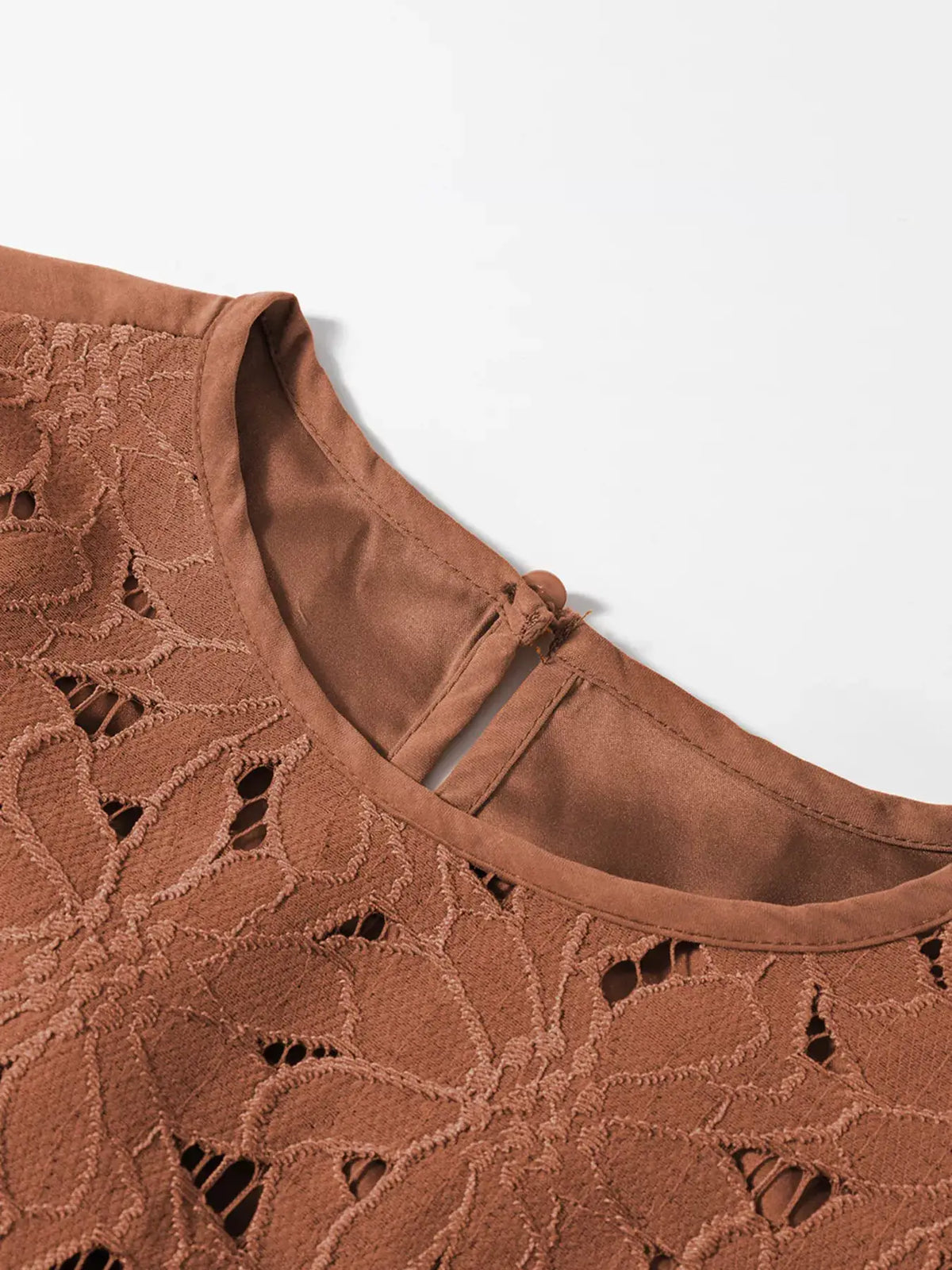 Floral lace crochet tiered ruffled mini dress in terracotta with satin lining