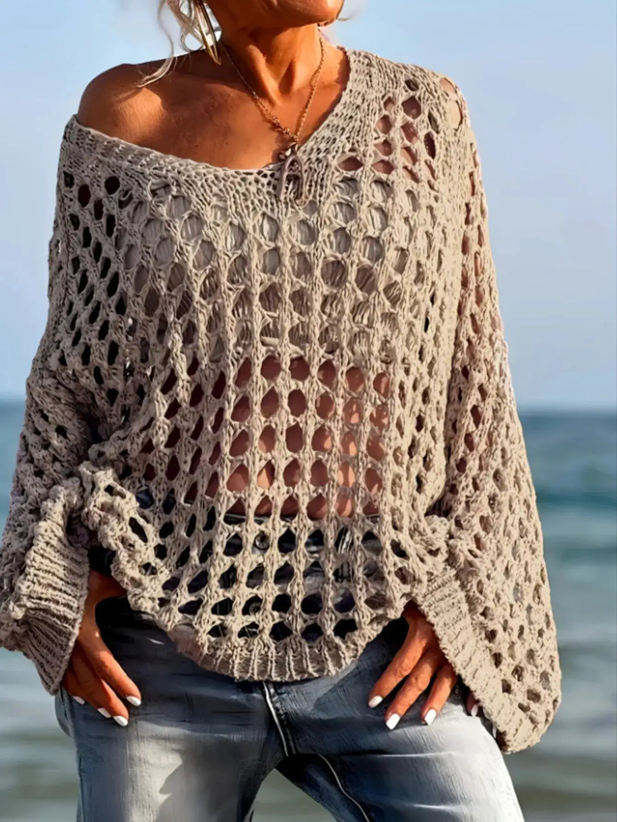 Crochet long-sleeve knit cover-up, oversized beige open-knit cardigan, Trendsi