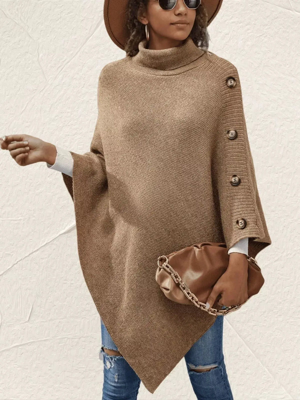 Trendsi camel knit button-turtleneck poncho pullover with buttoned sleeve
