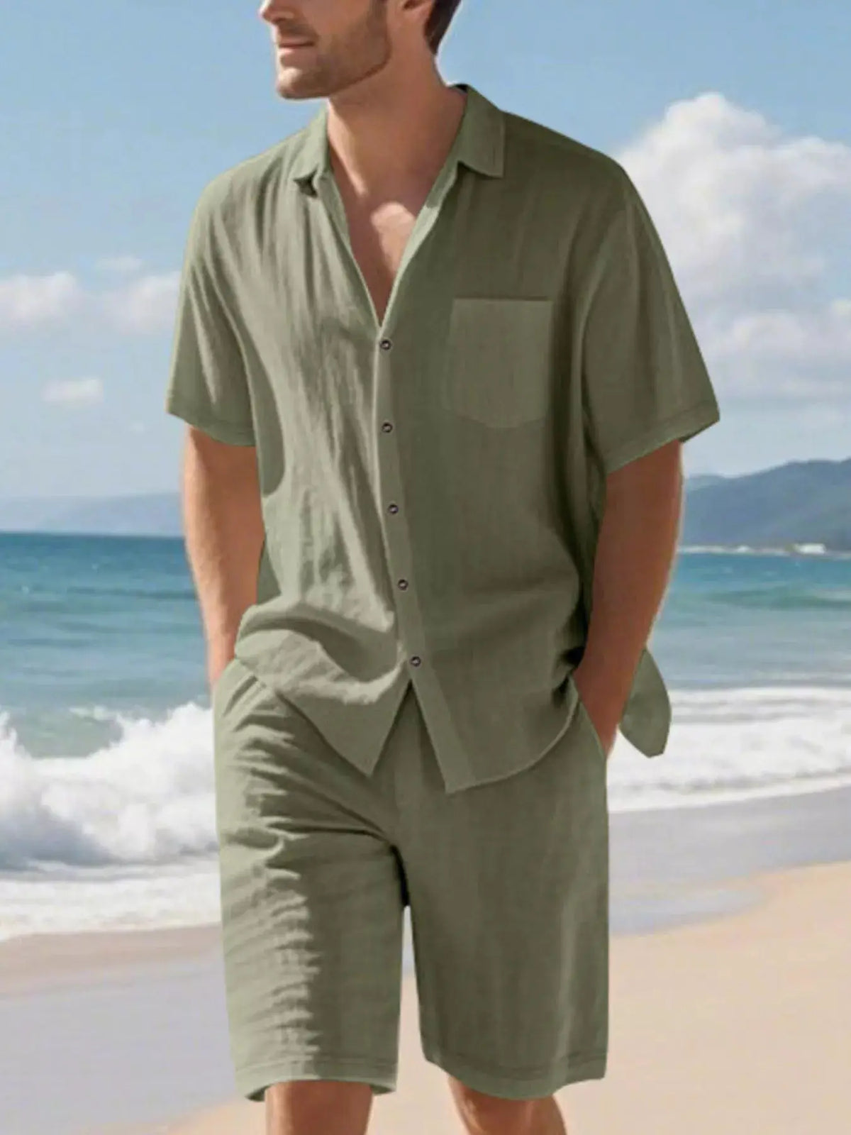 Mens plus-size two-piece set: casual button-up shirt and shorts in olive green by Trendsi