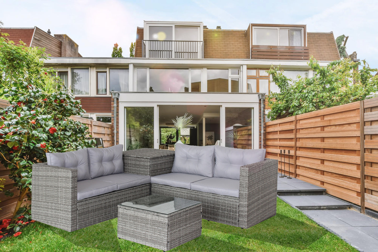 Juego de sofá de jardín de mimbre y ratán de 4 piezas con baúl de almacenamiento, gris