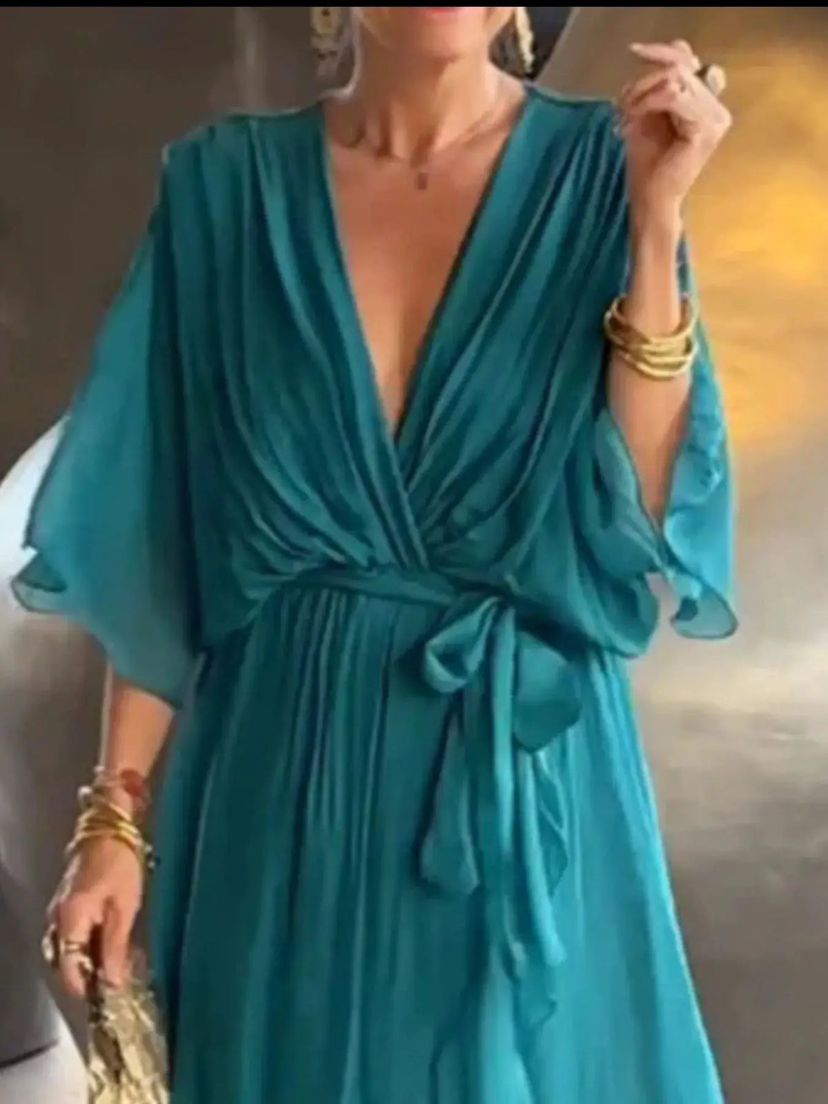 Full Size Flowy Tie Front Midi Dress with Flutter Sleeves in teal by Trendsi, plus-size