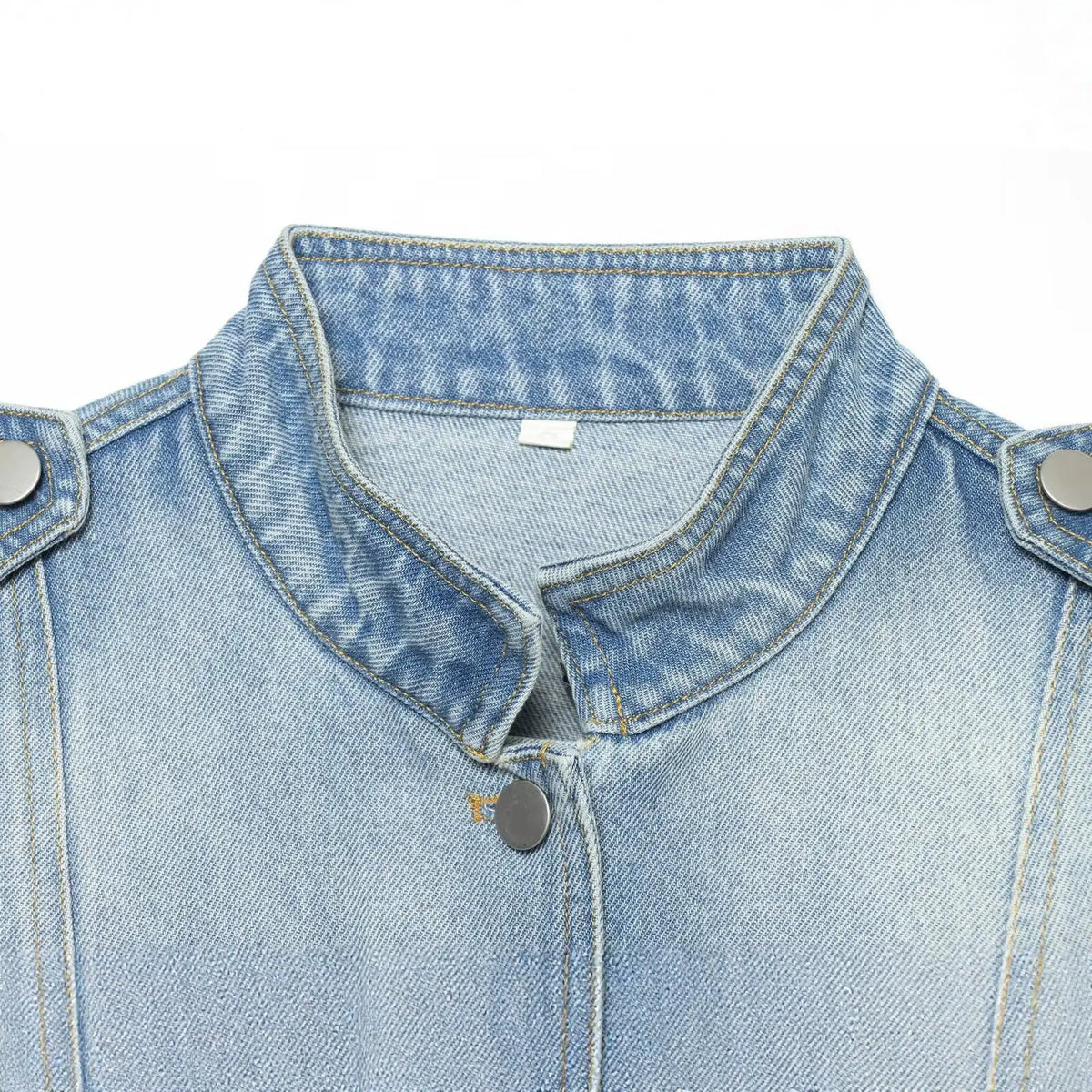 Women's stand-collar blue denim jacket, button-up front by eprolo