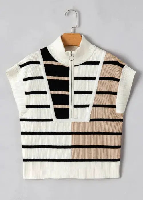 Trendsi soft stretch striped half-zip sweater vest in white, black and beige lightweight polyester.