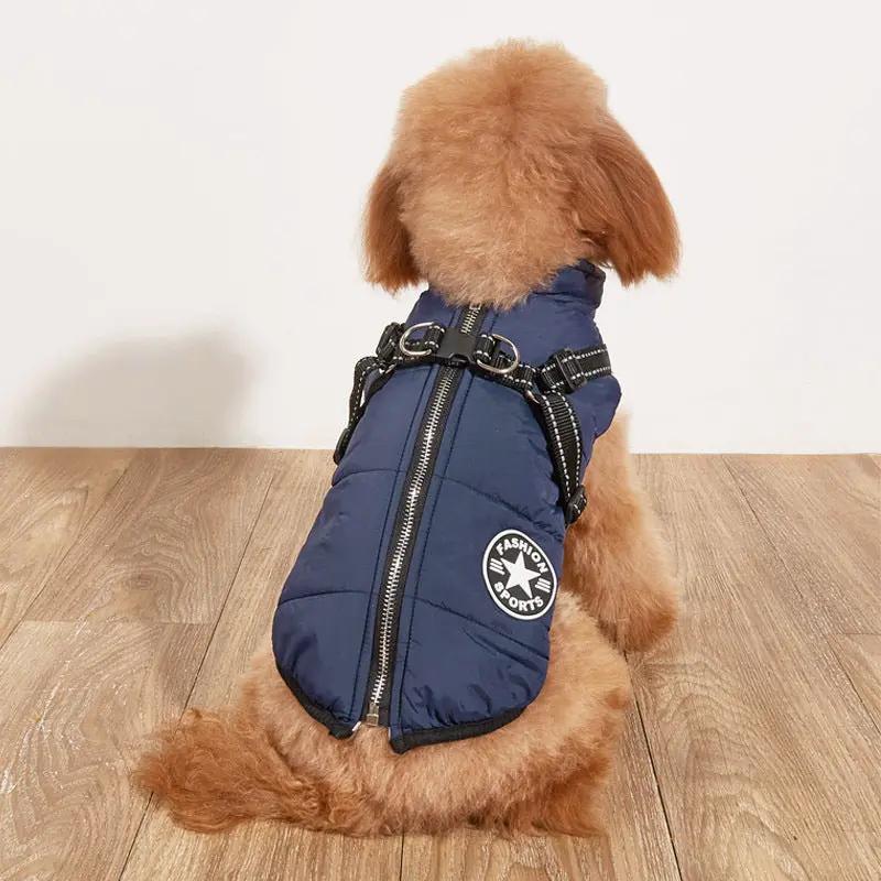 Pet warm dog coat navy blue cotton-padded with fleece lining and reflective accents