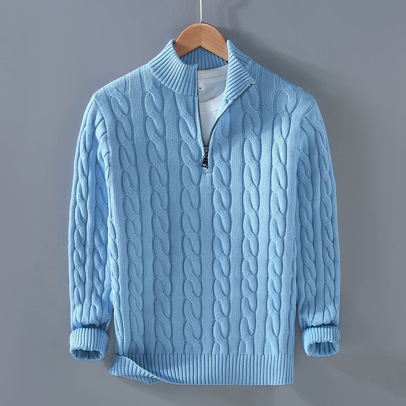 Men's loose-fit British-style thickened coarse-knit mock neck zipper pullover sweater in light blue.