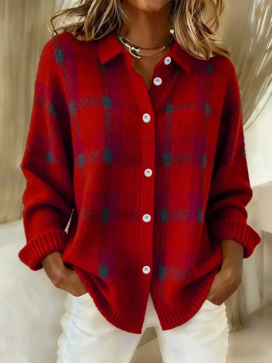 Cardigan: red and blue plaid acrylic knit with button-front closure, stretchy fit