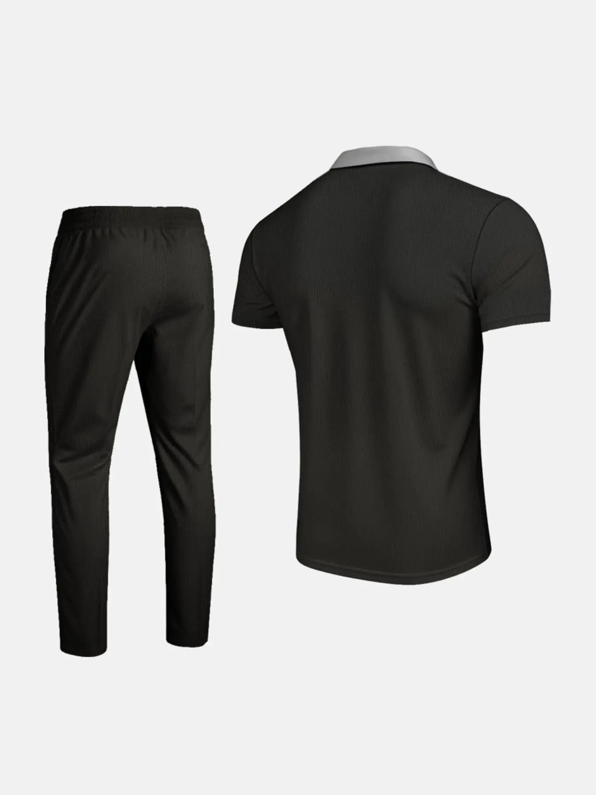 2-piece men's matching short-sleeve polo and pants set in black with a gray collar