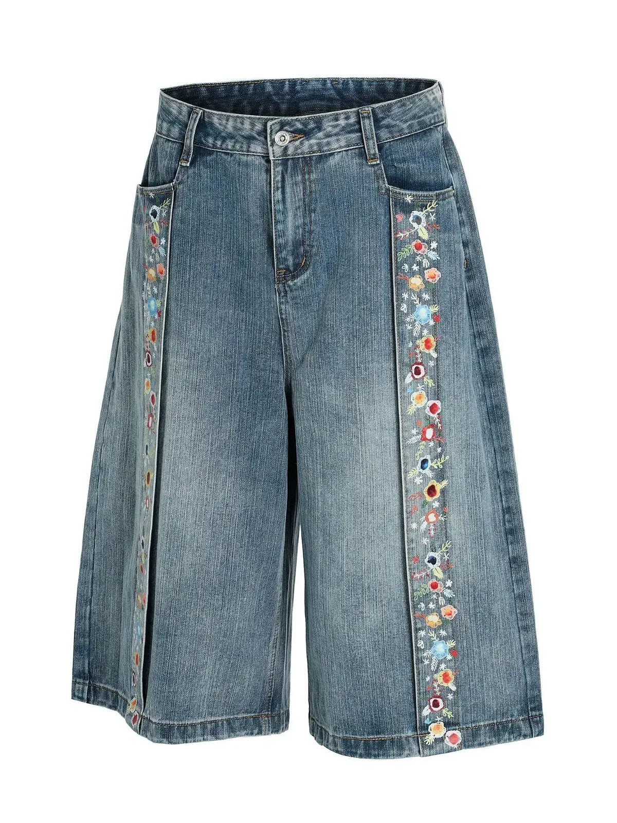 Men's denim shorts with wide-leg silhouette and floral-embroidered trim along the side seams