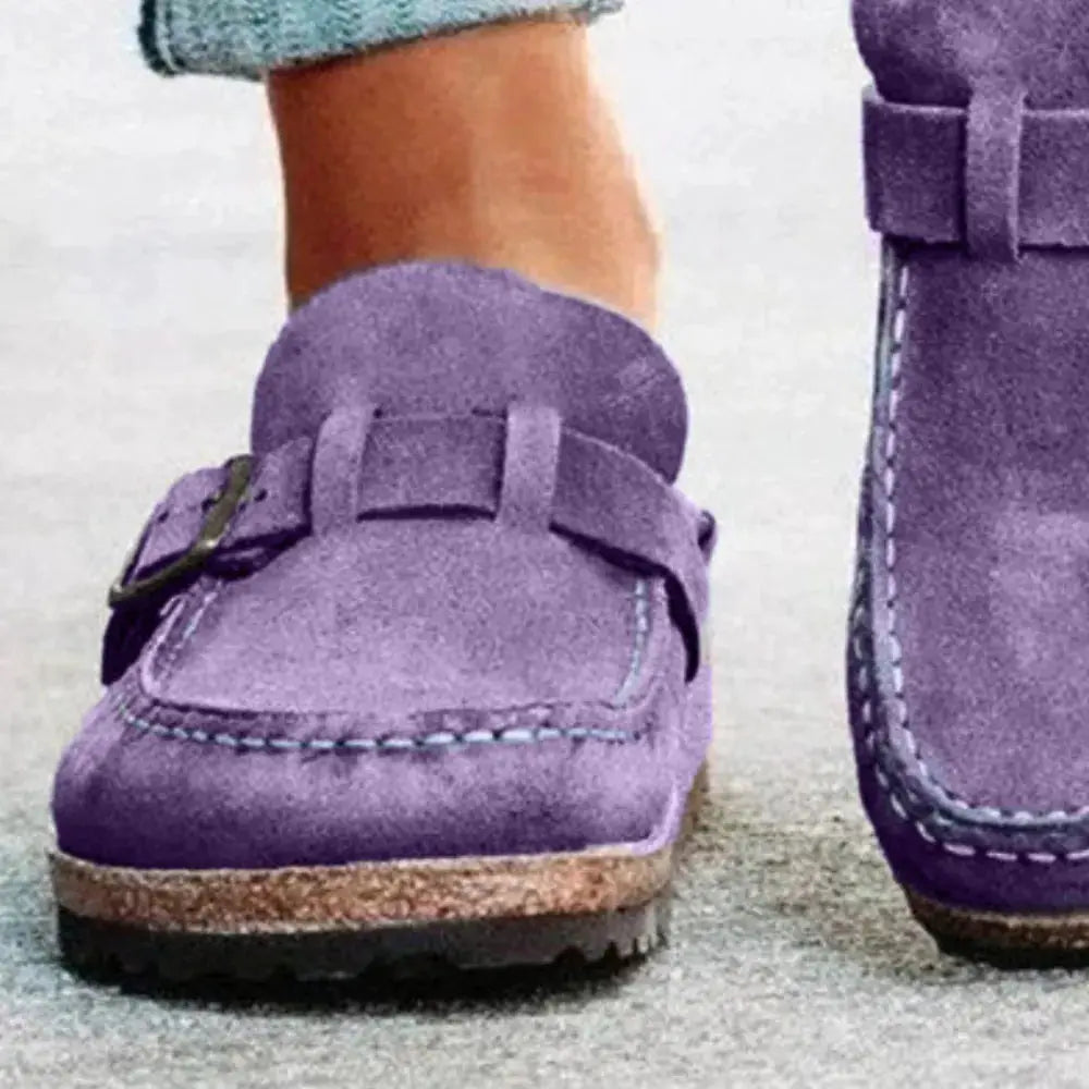 Round Toe Low Heel Buckle Loafers in purple suede by Trendsi